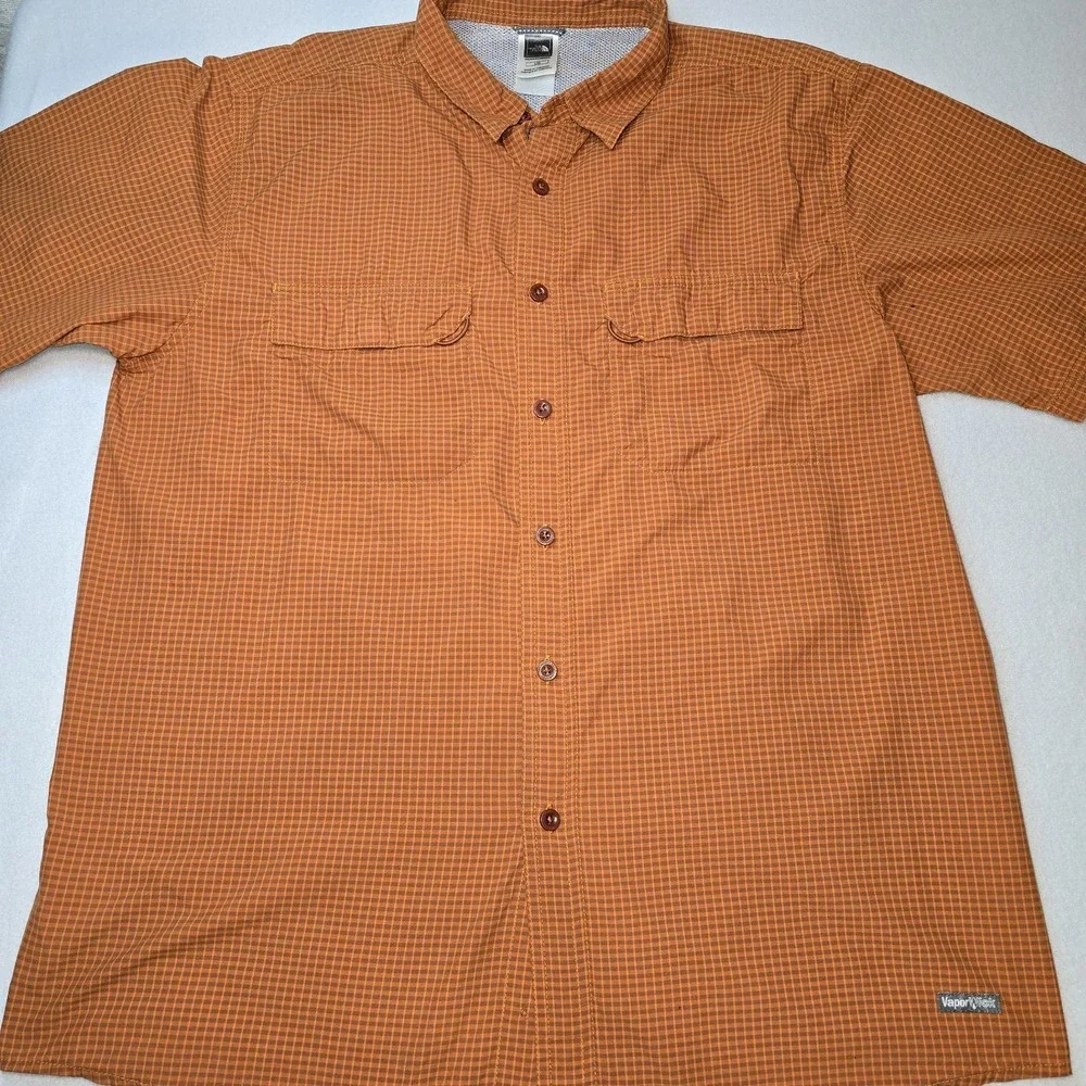 The North Face Hiking Camp Shirt Men's L Orange Plaid Button Up‎ Outdoor EUC